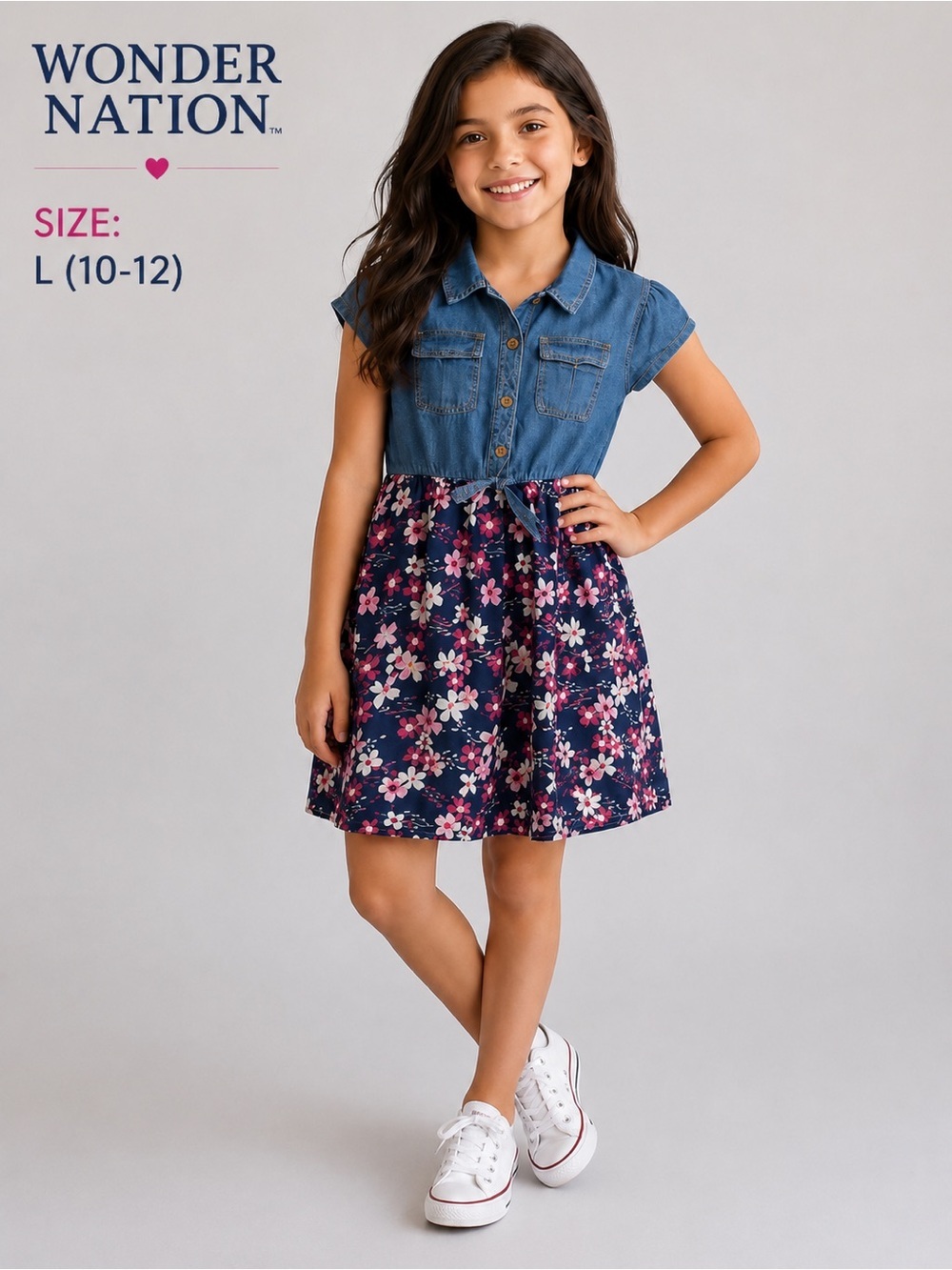 WONDER NATION girls Floral Denim Dress/size L(10-12)